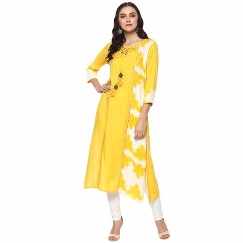 Breathable Yellow And White Three Fourth Sleeve Cotton Kurti For Causal Wear