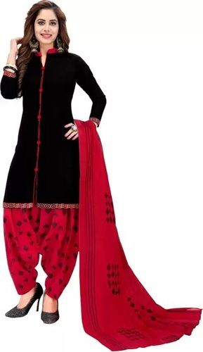 Red And Black Comfortable Printed Full Sleeves Crepe Salwar Suit With Dupatta