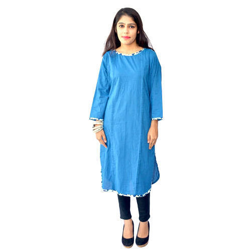 New Classy 3/4 Sleeves Simple And Straight Blue Ladies Cotton Kurti  Bust Size: 28-32 Inch (In)