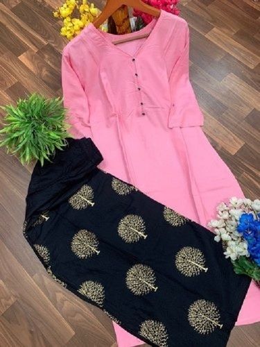 Pink And Black Full Sleeves Ladies Rayon Palazzo Suit For Causal Wear