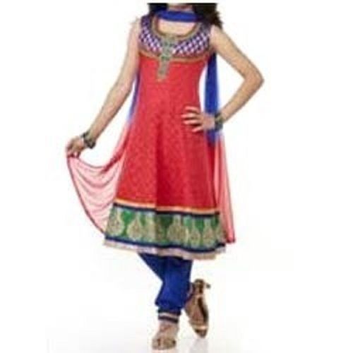 Indian Red And Blue Sleeve Less Round Neck Party Wear Designer Cotton Churidar Suit