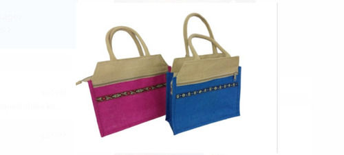 Plain Blue And Pink Rectangle Hand Handle Length 10X6 Inch Zipper Closure Jute Carry Bag 