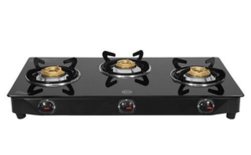 Heavy Duty And Strong Manual Glass Plain Black Three Burner Lpg Gas Stove Dimension(L*W*H): 15 Inch (In)