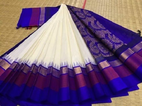 South Sikn Free Party Wear Blue And Plain White Silk Cotton Saree With Blouse Set 