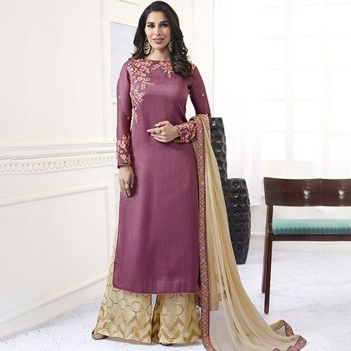 Indian Women Party Wear Full Sleeves Round Neck Embroidered Dark Pink Suit Salwar 