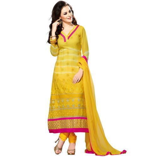 Indian Women Party Wear Full Sleeves V Neck Pink Straps Designer Yellow Suit