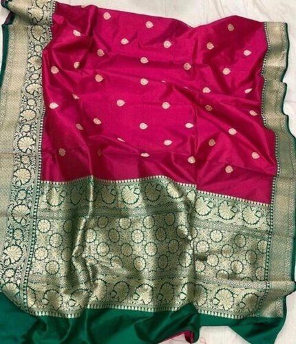 Silver Beautiful Red And Heavy Green Border Pure Handloom Banarasi Silk Saree