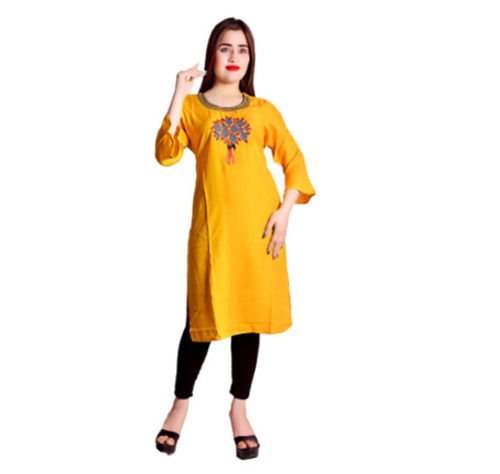 Comfortable Yellow Embroidered Design With Long Sleeve Cotton Ladies Kurti Bust Size: 28-30-32 Inch (In)