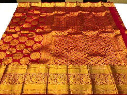 Ladies Printed Golden With Red Wedding Wear Saree