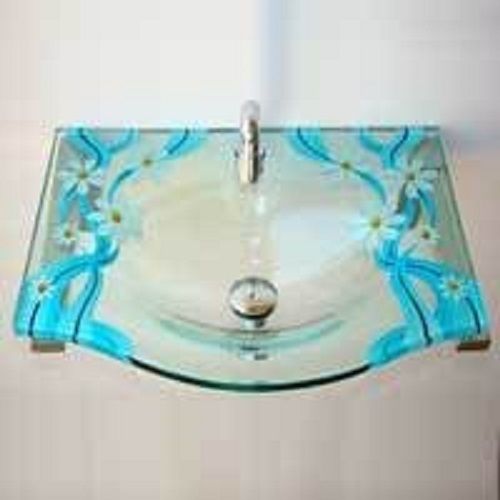 Bathroom Accessories Long Durable Crack Proof Wall Mounted Beautiful Floral Printed Glass Wash Basin 