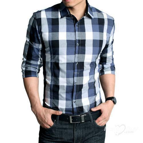 Men Light Weight Comfortable Collar Neck Full Sleeves Blue Checked Printed Shirt