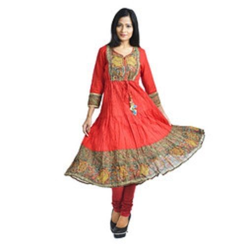 Women Comfortable And Breatahble Cotton Silk Printed Red Frock Suit