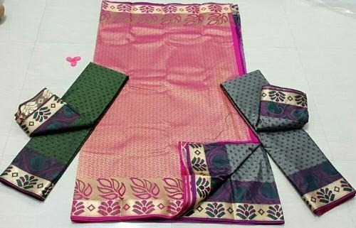 कैज़ुअल वियर के लिए प्रिंटेड आरामदायक और धोने योग्य हरी पिंक (गुलाबी) और ग्रे कॉटन सिल्क साड़ी