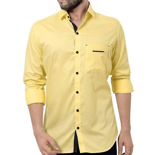 Breathable Washable Long Sleeves Cotton Yellow Color Mens Casual Shirt 