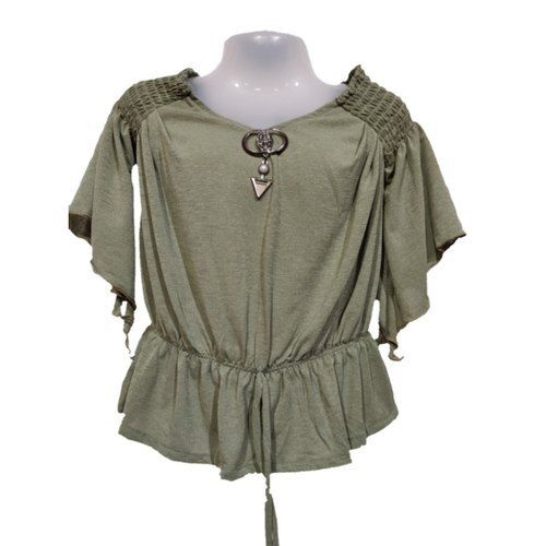 Summer Green Party Wear Half Sleeve Plain Round Neck Fancy Top For Ladies