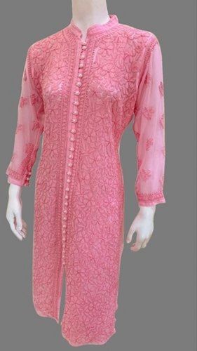 Simple Elegant And Stylish Look Pink Full Sleeves Plain Party Wear Straight Fancy Chiffon Kurti For Ladies