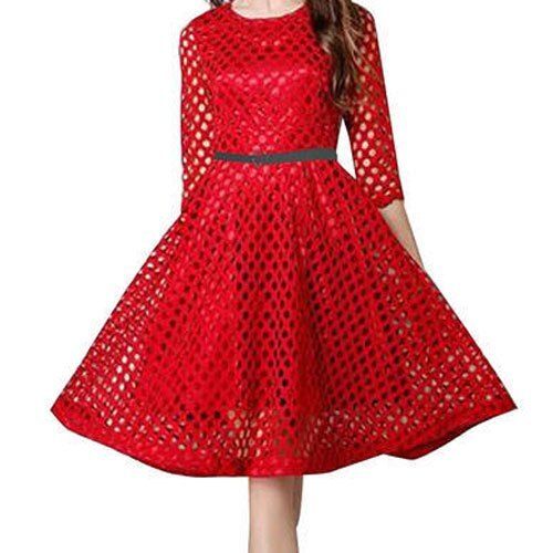 Simple Elegant And Stylish Look Red Round Neck 3-4th Sleeve Party Look Western Wear For Ladies