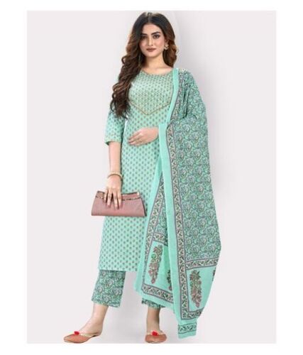 Indian Women Comfortable And Breathable Full Sleeves Round Neck Green Printed Kurti 