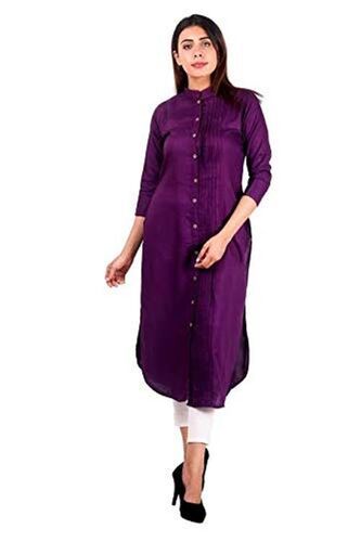 Purple Casual Wear 3/4Th Sleeve Mandarin Neck Plain Cotton Ladies Straight Kurti