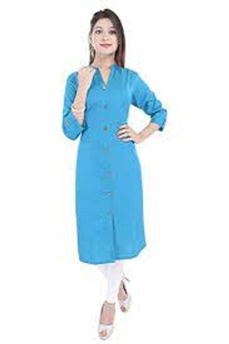 Blue Casual Wear Long Sleeve V-Neck Solid Rayon Straight Kurti For Women 