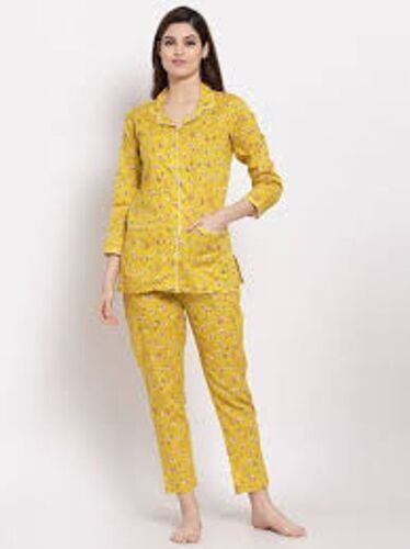 Yellow Full Sleeve Free-size Regular Fit Printed Cotton Night Suit For Ladies