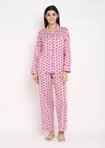 Pink Full Sleeve Free-Size Regular Fit Printed Cotton Silk Ladies Night Suit