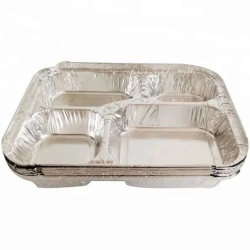 Glossy Lamination 4 Compartment Rectangular Shape Silver Color Aluminium Foil Container For Parties 