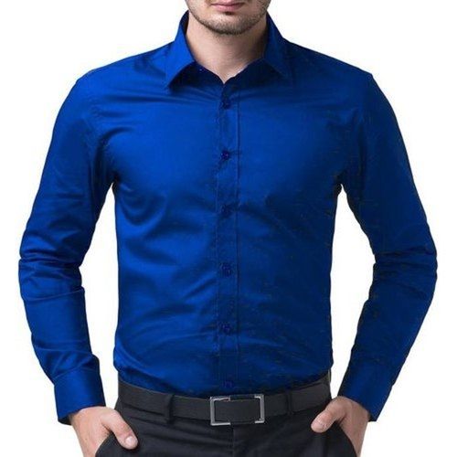 Washable Blue Collar Neck Plain Full Sleeve Casual Wear Cotton Shirts For Mens 