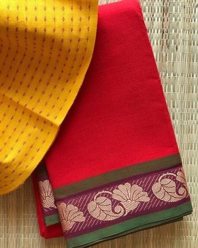 Summer Casual Wear Flower Design Printed Red Cotton Saree For Ladies