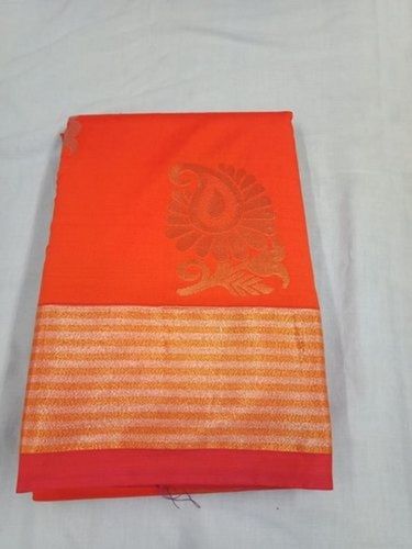 Summer Orange Half Fine Zari Gold Lining Border Party Wear Printed Cotton Saree