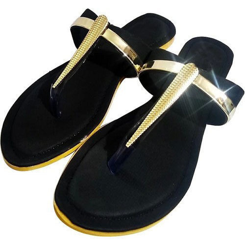 Women Comfortable And Breatahble Light Weight Easy To Wear Black Golden Flat Slipper 