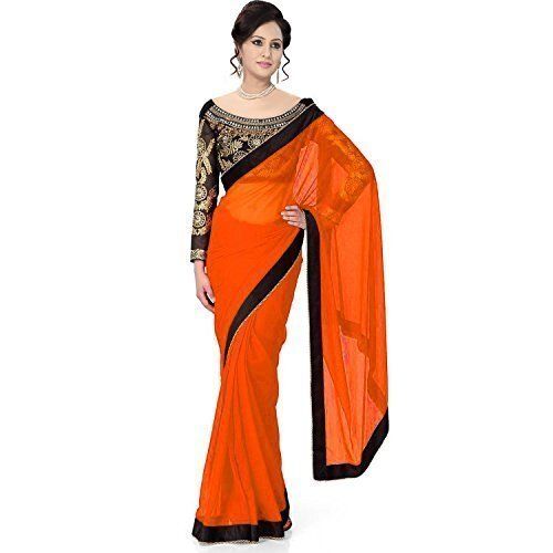 Embroidered Bollywood Stone Work Laces Orange Chiffon Party Wear Ladies Saree 