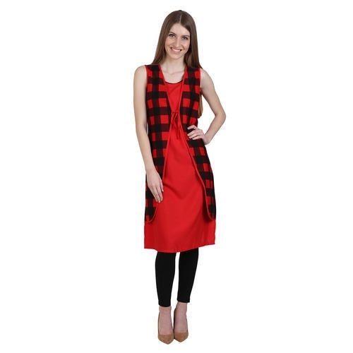 Ladies Sleeveless Round Neck Elegant Designs Red And Black Cotton Kurtis