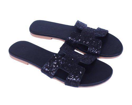 Leather Women Comfortable And Breatahble Light Weight Easy To Wear Black Flat Casual Slipper 