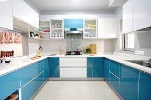 Corrosion Resistant White And Sky Blue Durable U Shape Design Modular Kitchen