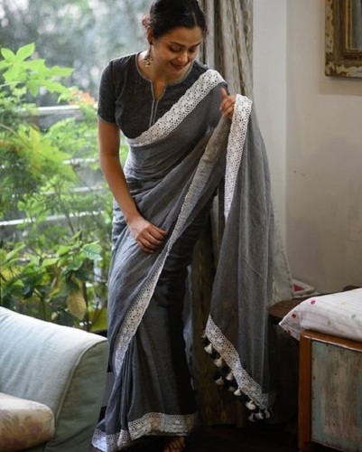 Daily Wear Ladies Beautiful And Elegant Look Comfortable Plain Grey Cotton Saree