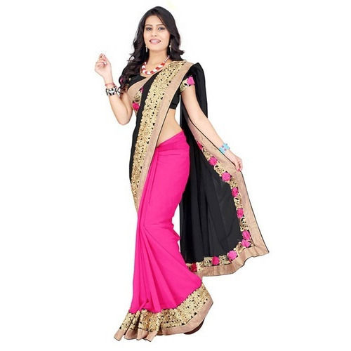 Chiffon Pink & Black Embroidered Laces Party Wear Art Silk Printed Ladies Fancy Saree 