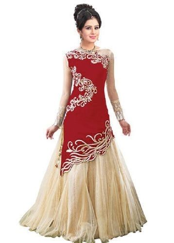 Women Elegant Look Beautiful Designer Red Cream Embroidery Party Wear Gown  Decoration Material: Stones