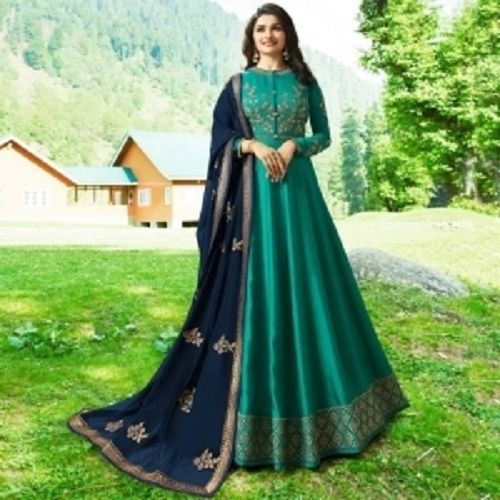 Green Women Light Weight Comfortable Round Neck Full Sleeves Stylish Embroidery Silk Gown 