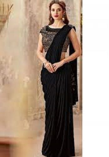 Plain Women Comfortable And Breatahble Cotton Silk Black Party Wear Saree 