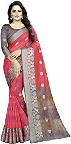 Party Wear Pink And Grey Pure Cotton Saree For Women