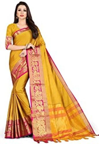 Yellow And Pink Womens Light In Weight Skin Friendly Banarasi Cotton Saree