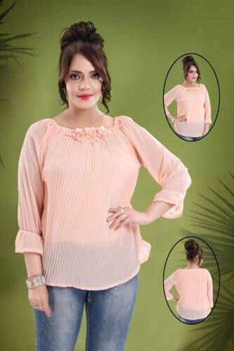 Light Peach Washable And Breathable Party Wear 3 - 4 Th Sleeves Cotton Ladies Top 