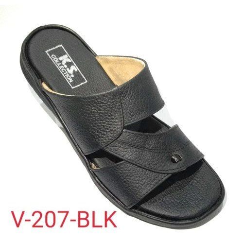 Men Daily Wear Light Weight Comfortable Slip Resistance Leather Black Slippers