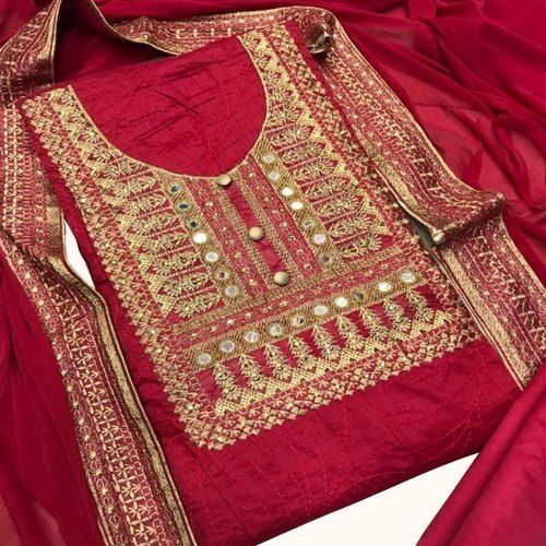 Plain Women Light Weight Elegant Look Embroidered Neck Red Cotton Suit With Dupatta