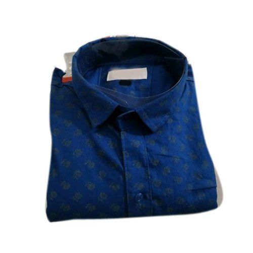 Quick Dry Men Full Sleeves Collar Neck Skin Friendly Comfortable Printed Cotton Blue Shirt