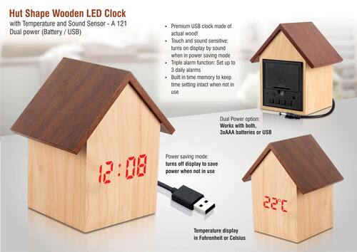  तापमान और ध्वनि सेंसर के साथ A121 हट के आकार की लकड़ी की एलईडी घड़ी 