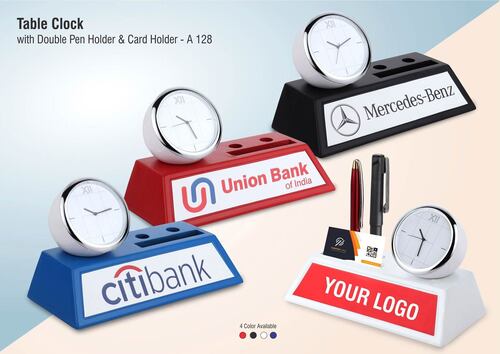 Available In Different Colors A128 Table Clock With Double Pen Holder And Card Holder, Branding Included