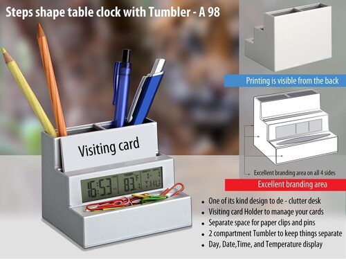 White A98 Steps Shape Table Clock (With Tumbler / Visting Card Holder)