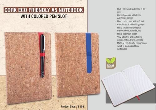 Rectangle B106 Cork Eco Friendly A5 Notebook With Colored Pen Slot And Hard Bound Cover